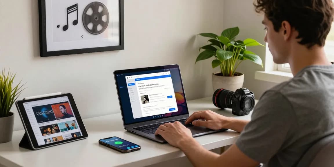 Vidmate app interface on a laptop in a cozy home office, highlighting video and music downloading.