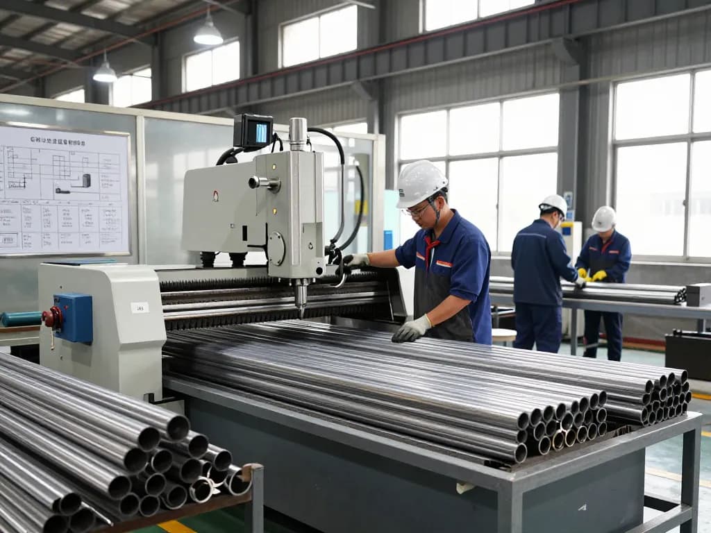 Skilled worker operating sumwin stainless steel cutting machine in a modern factory