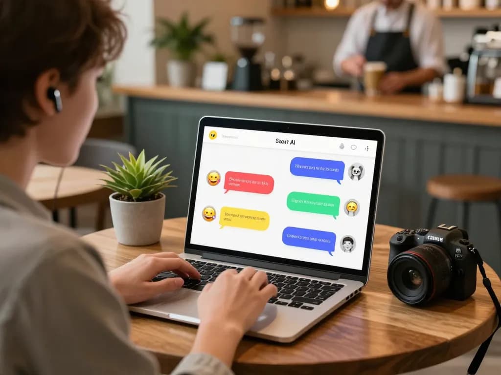 Engaging with spicy chat AI on a laptop in a cozy coffee shop environment.