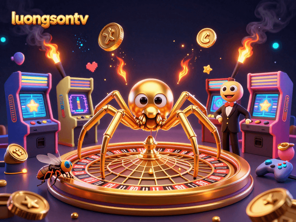 Experience thrilling gambling fun at luongsontv with a vibrant roulette wheel web and animated characters.