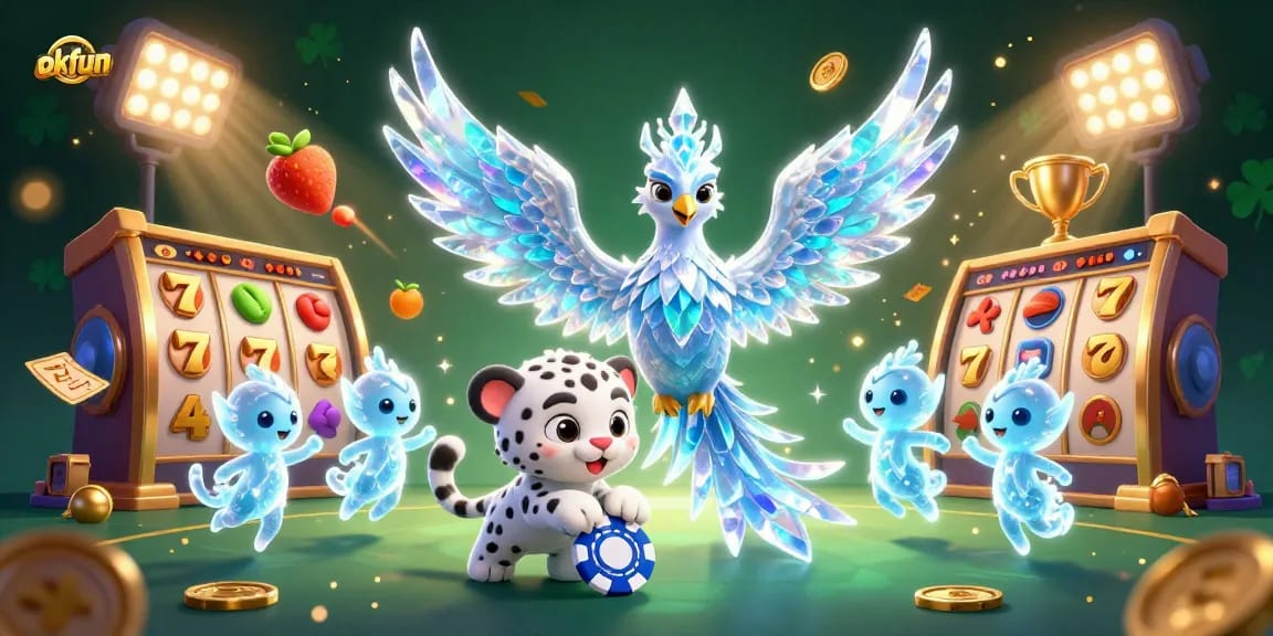 Engage in thrilling gaming action at the okfun online casino, featuring colorful slot reels and sparkling gold.