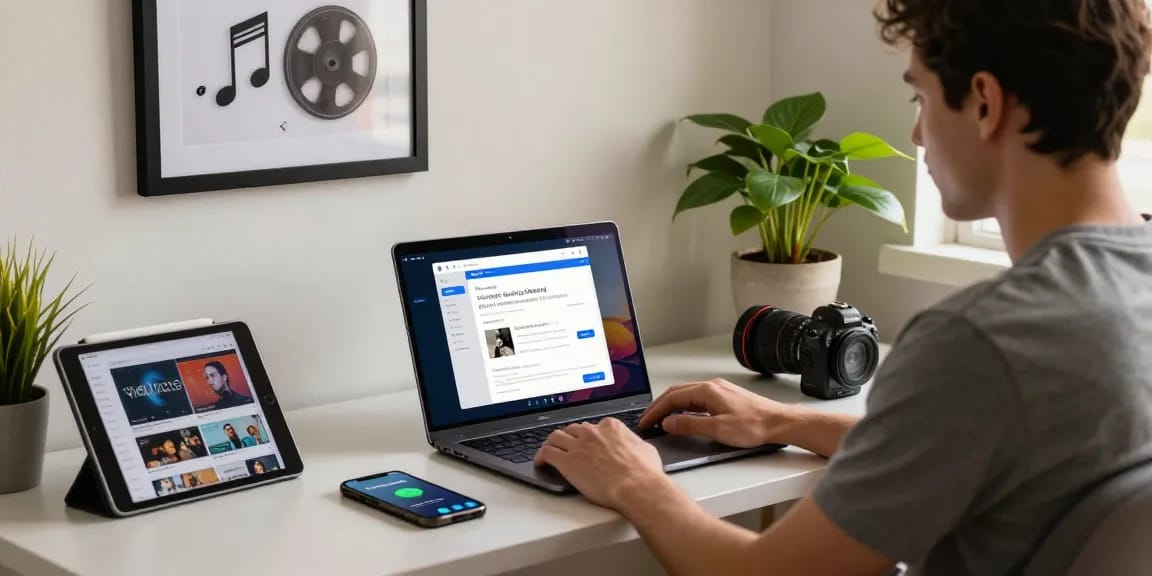 Vidmate app interface on a laptop in a cozy home office, highlighting video and music downloading.