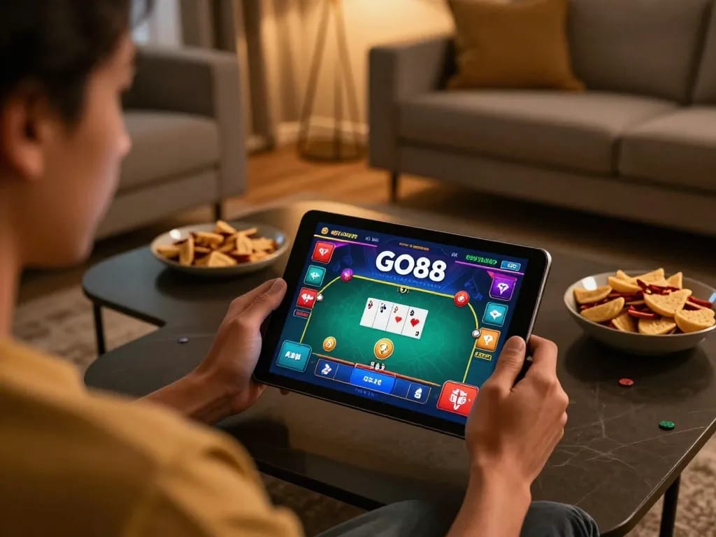 Engaging player enjoys GO88 casino games on a tablet in a stylish home setting
