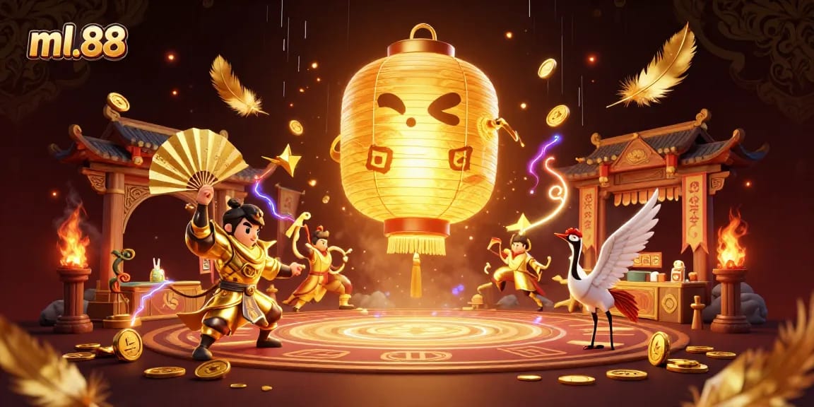 Experience the vibrant atmosphere of ml.88 with a floating golden lantern spirit and energetic casino action.