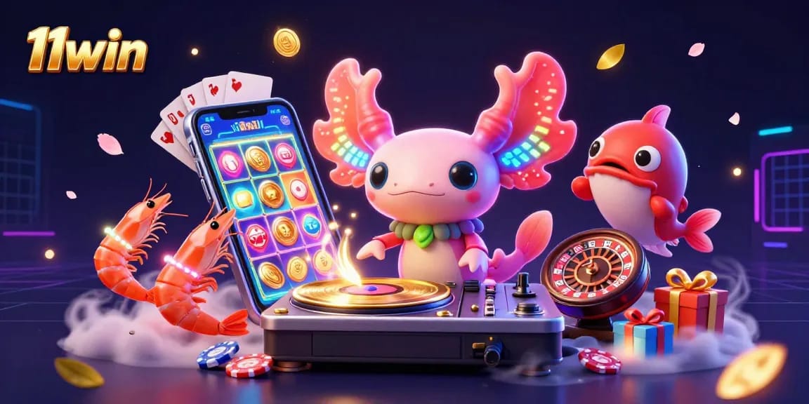 Experience the thrill of 11win with a vibrant 3D casino scene featuring unique characters and slot games.