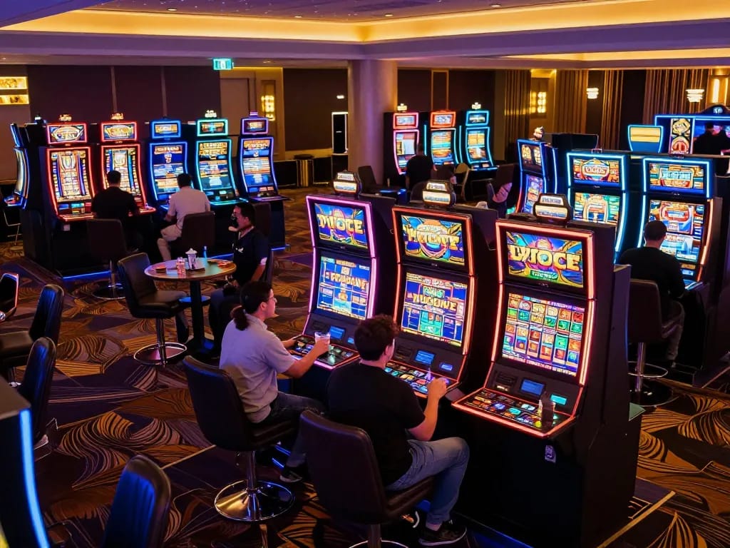 Players enjoying vibrant HIT CLUB slot machines with excitement in a lively casino atmosphere.