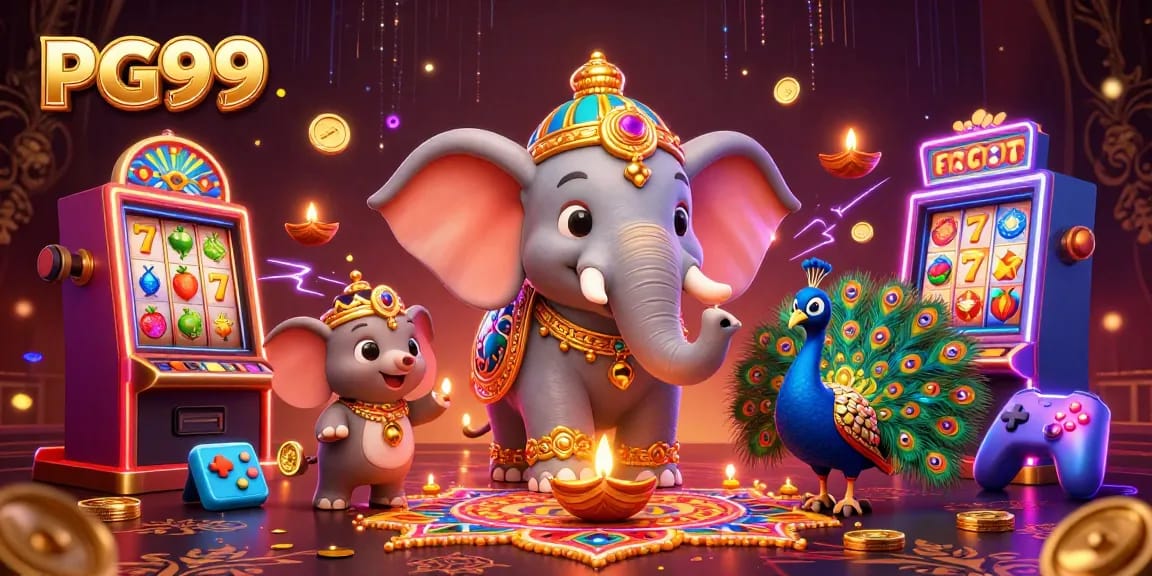 PG99 slots showcase with vibrant elephant and peacock amidst colorful casino decorations.