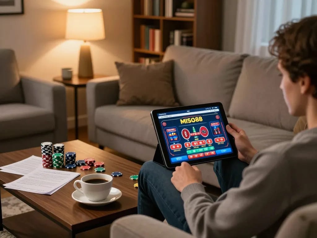 MISO88 app on tablet engages players in online betting strategies, set in a cozy home environment