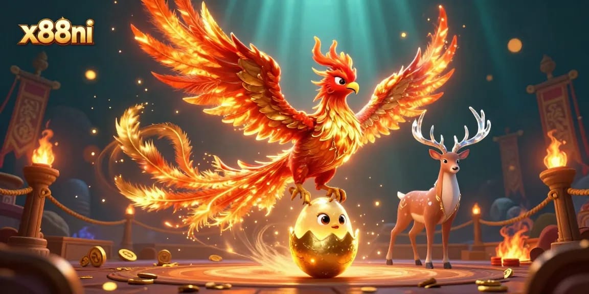 Experience the thrill of x88ni with a vibrant 3D illustration featuring a phoenix and mystical stag in a gaming arena.