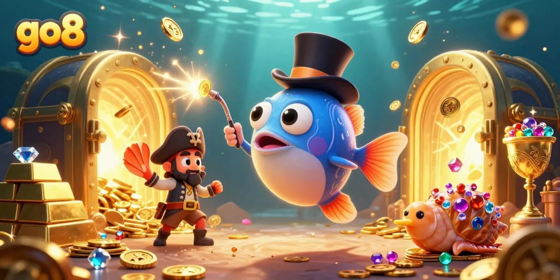 Experience the thrill of go8 with vibrant underwater characters attracting treasures in a lively casino scene.