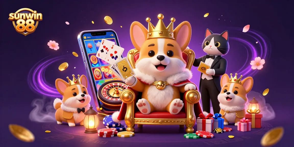Experience the thrill of sunwin 88 with a royal corgi and gaming glamour in a vibrant casino illustration.