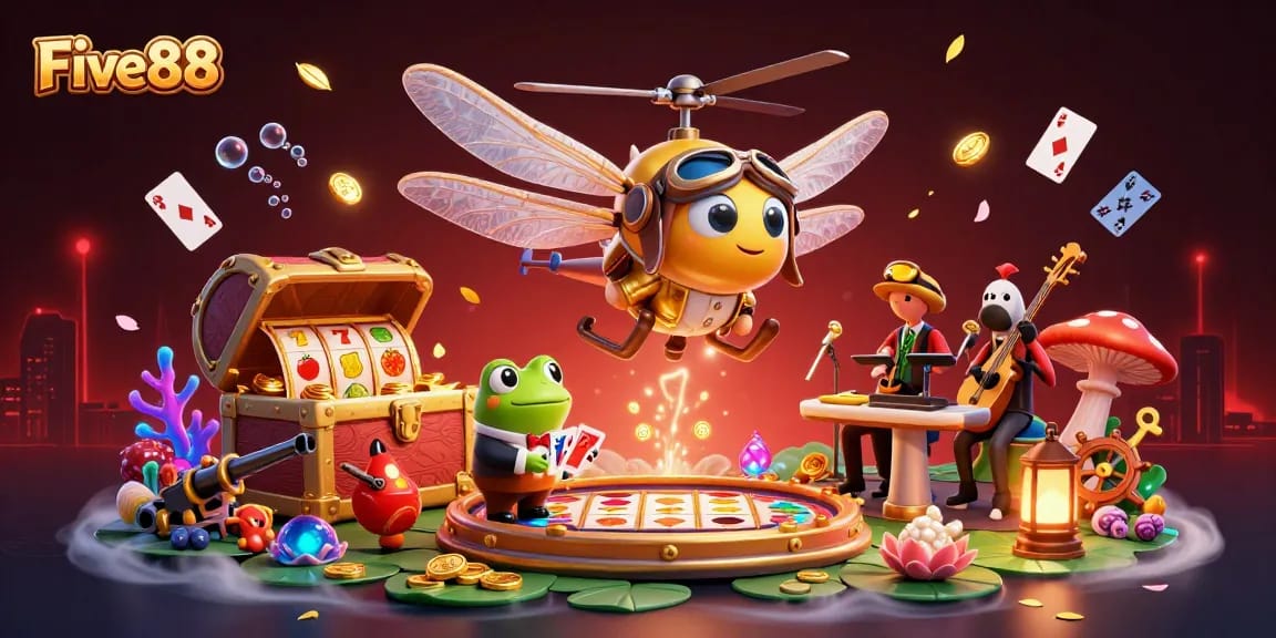 Engage with Five88's lively slot games featuring a whimsical scene of a dragonfly pilot, frog croupier, and jazz musicians.
