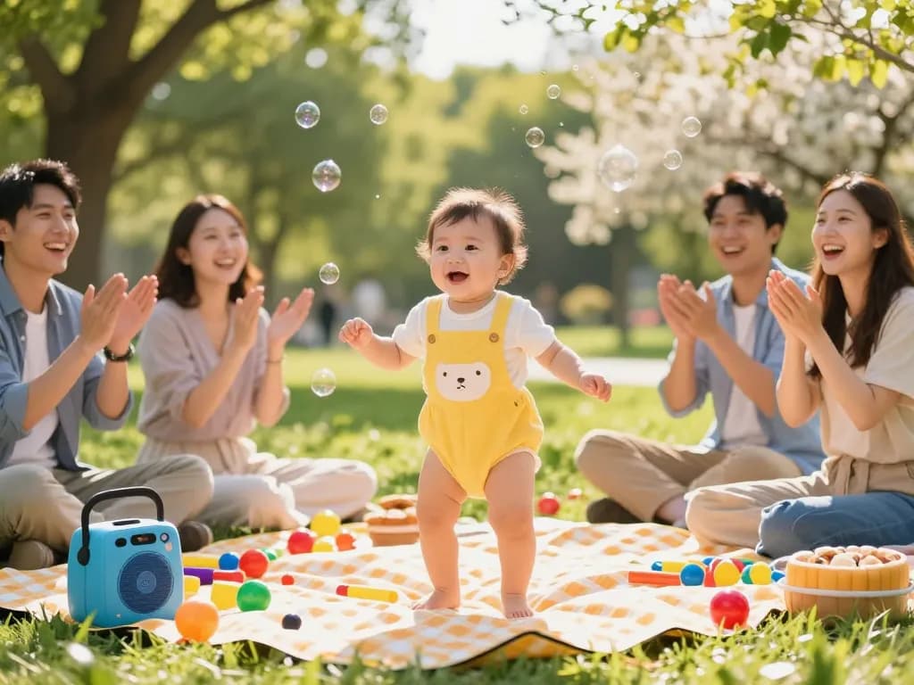 Baby dance video featuring a joyful infant dancing on a picnic blanket in a sunny park, surrounded by family and colorful toys.