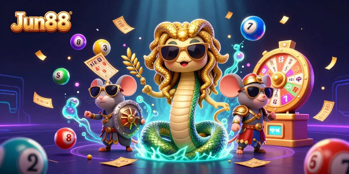 Engage with Jun88's gaming excitement featuring a vibrant scene of lottery elements and characters.