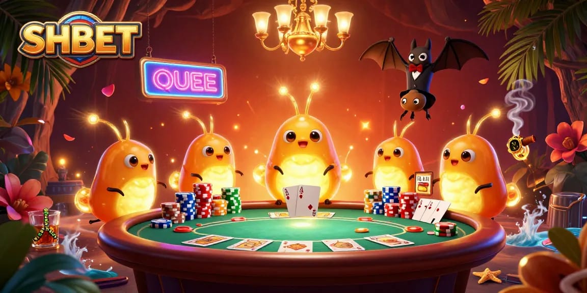 Experience SHBET's thrilling gaming atmosphere with vibrant glowworms and dynamic poker elements.