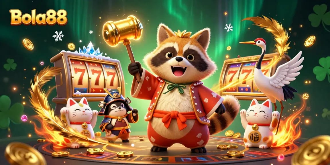 Bola88 brings players excitement with a cheerful tanuki and fortune cats in a vibrant casino illustration.