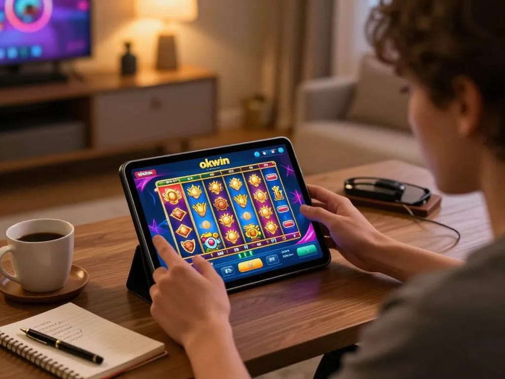 Engaging with the okwin app on a tablet showcasing dynamic slot gameplay in a cozy atmosphere.