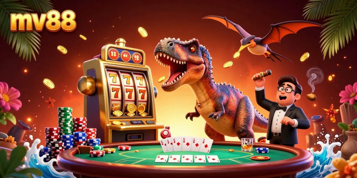 Join the excitement of mv88 as a pachycephalosaurus wins jackpot coins from a golden slot machine!