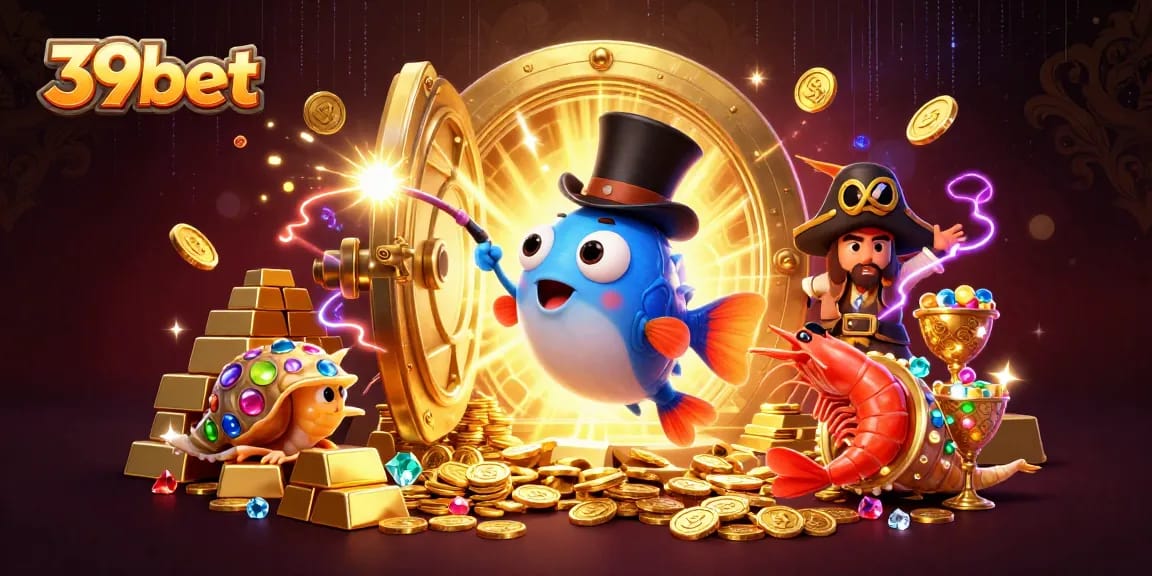 Join the excitement at 39bet, where anglers and treasures spark winning adventures in this lively casino illustration.