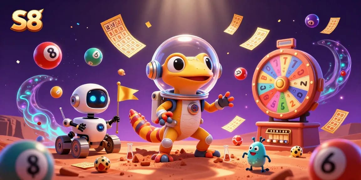 S8 showcases a Martian gecko discovering a golden casino amidst exciting gambling elements.