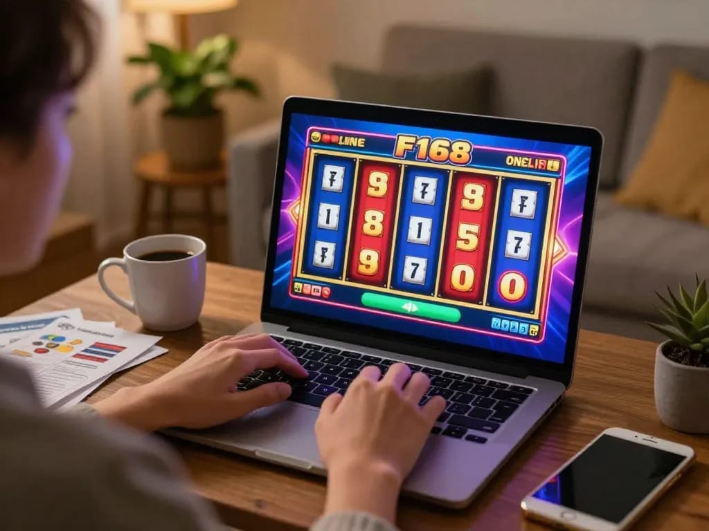 Experience F168 online slots in a cozy home setup, dynamic gameplay and colorful visuals