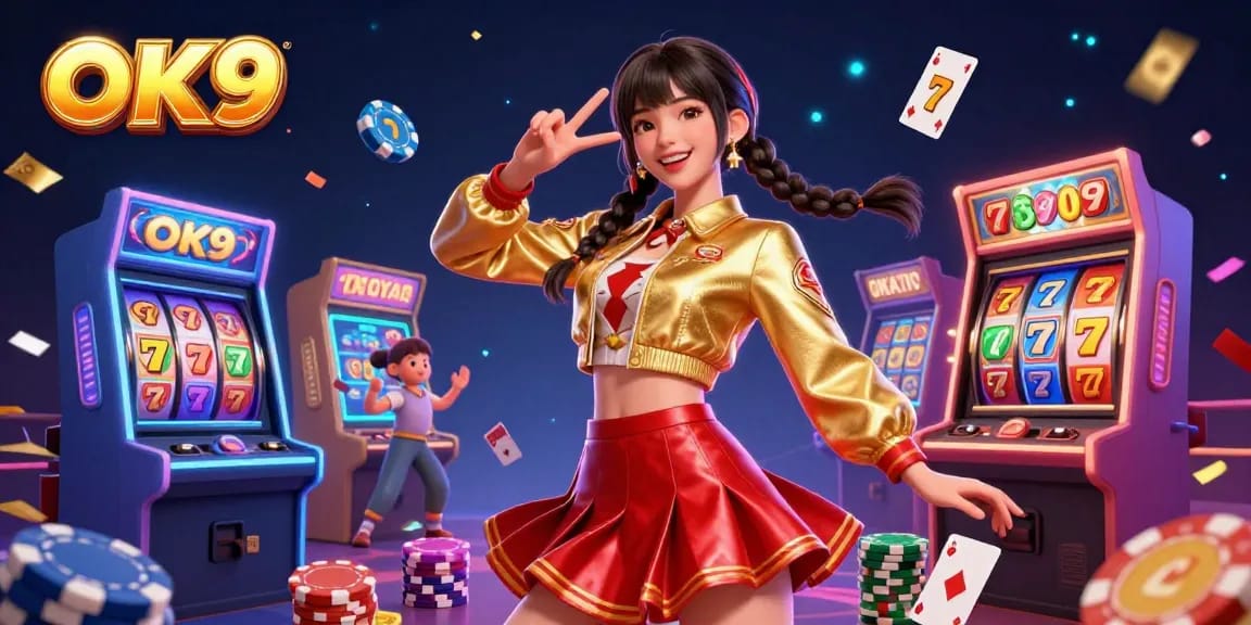 Engage in exciting gameplay at OK9, featuring vibrant slot reels and dynamic casino elements.