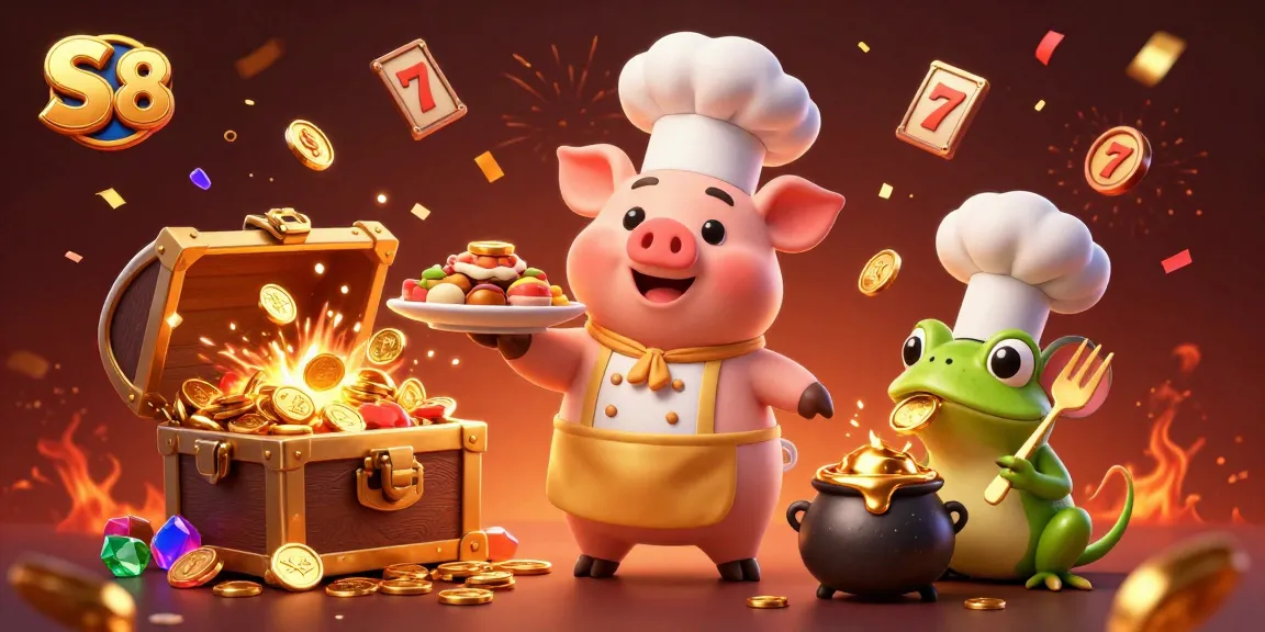 S 8 brings the excitement of winning as the chef pig serves gold coins amid colorful slot game elements.