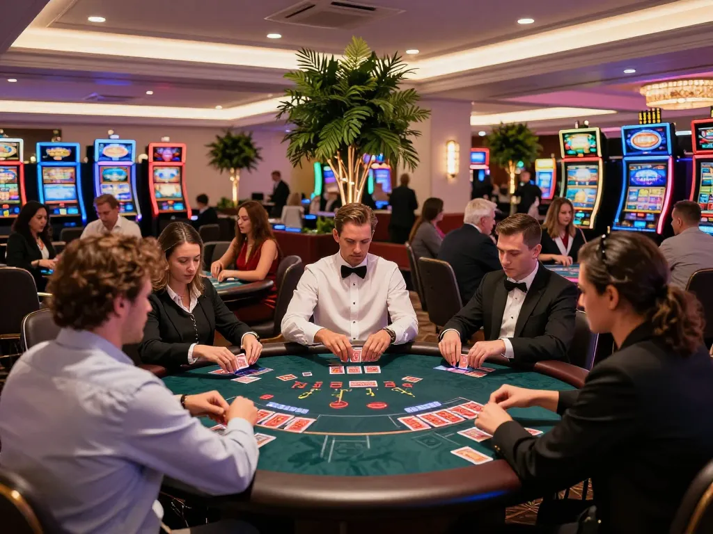 Observe dynamic blackjack action at the trang chủ fun79 casino, showcasing players engaged and dealers in action.