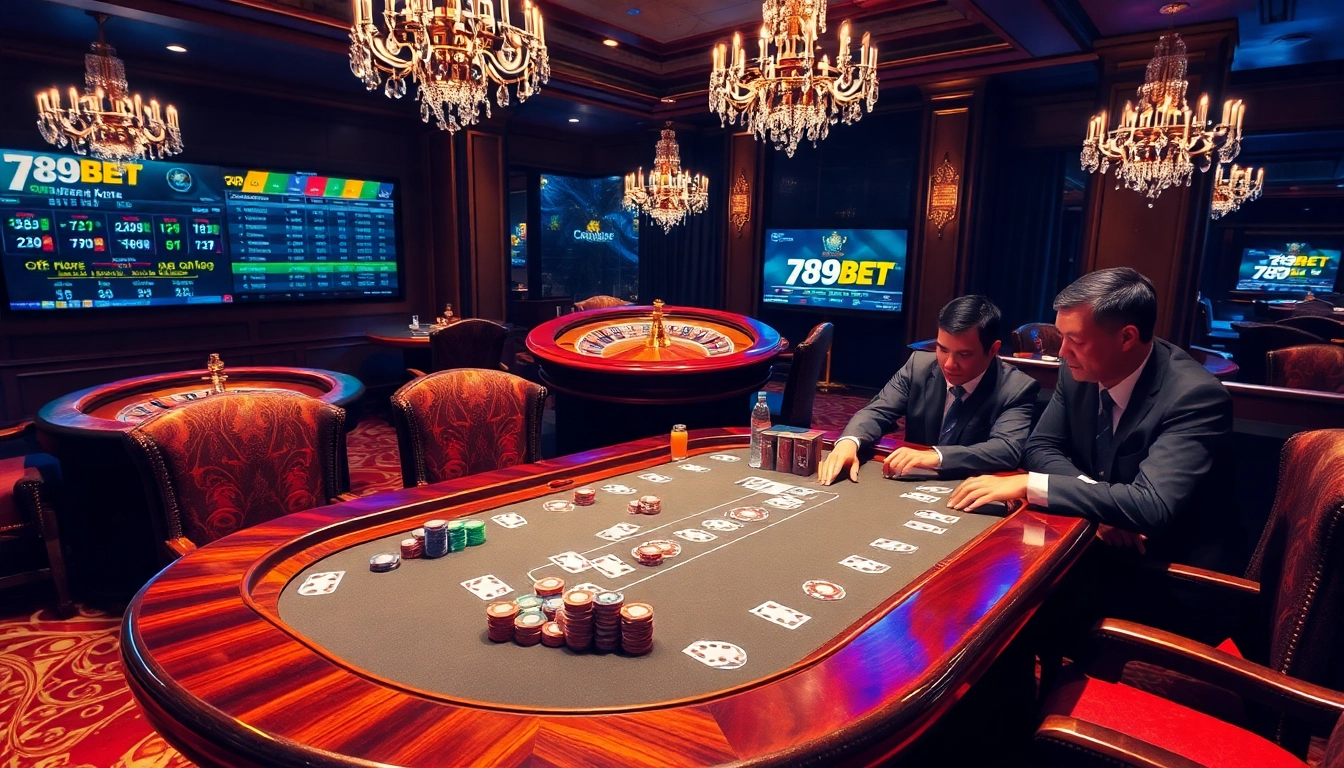 Experience the excitement of 789BET with a thrilling poker game scene in a luxurious casino setting.