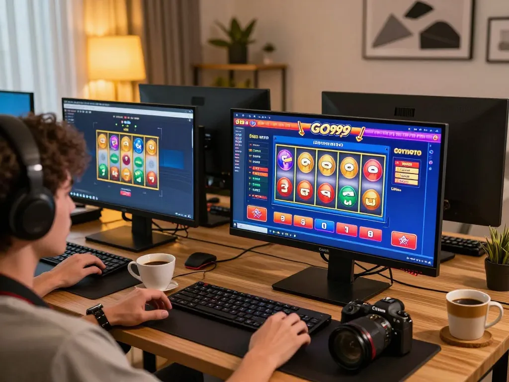 Engaging in Go999 online casino gameplay on a stylish home setup, featuring vibrant game graphics.