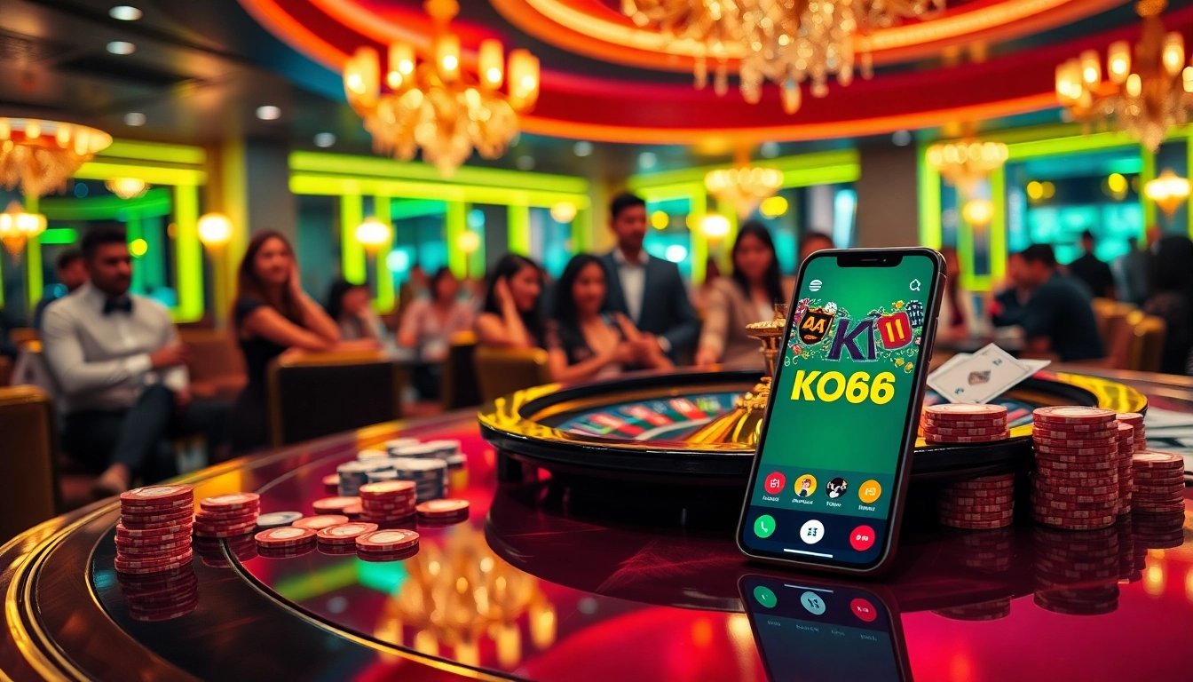 Trải nghiệm ứng dụng KO66 hấp dẫn với những chip cược sống động và bánh xe roulette trong không gian casino sang trọng.