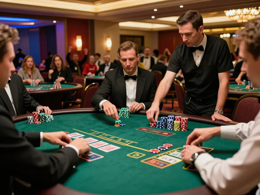 Intense blackjack action at DEBET casino with players engaged in strategic gameplay under warm ambient lighting.