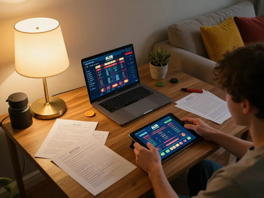 Engaging in ALO8 casino gaming on a tablet at home with strategy notes.