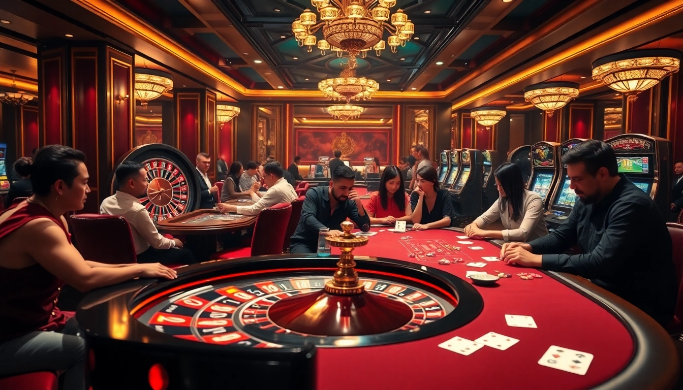 Exciting casino action at 98win with poker tables, roulette wheel, and slot machines.