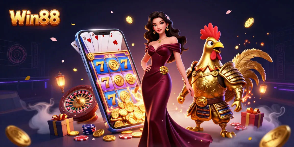 Experience thrilling wins with Win88 as a glamorous woman celebrates casino gaming victories.