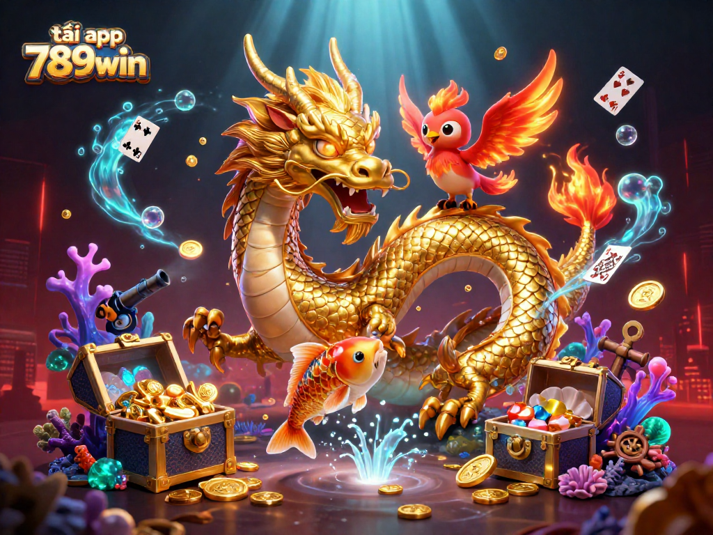 Engage in gaming excitement with tải app 789win, featuring vibrant 3D dragon, phoenix, and koi fish.