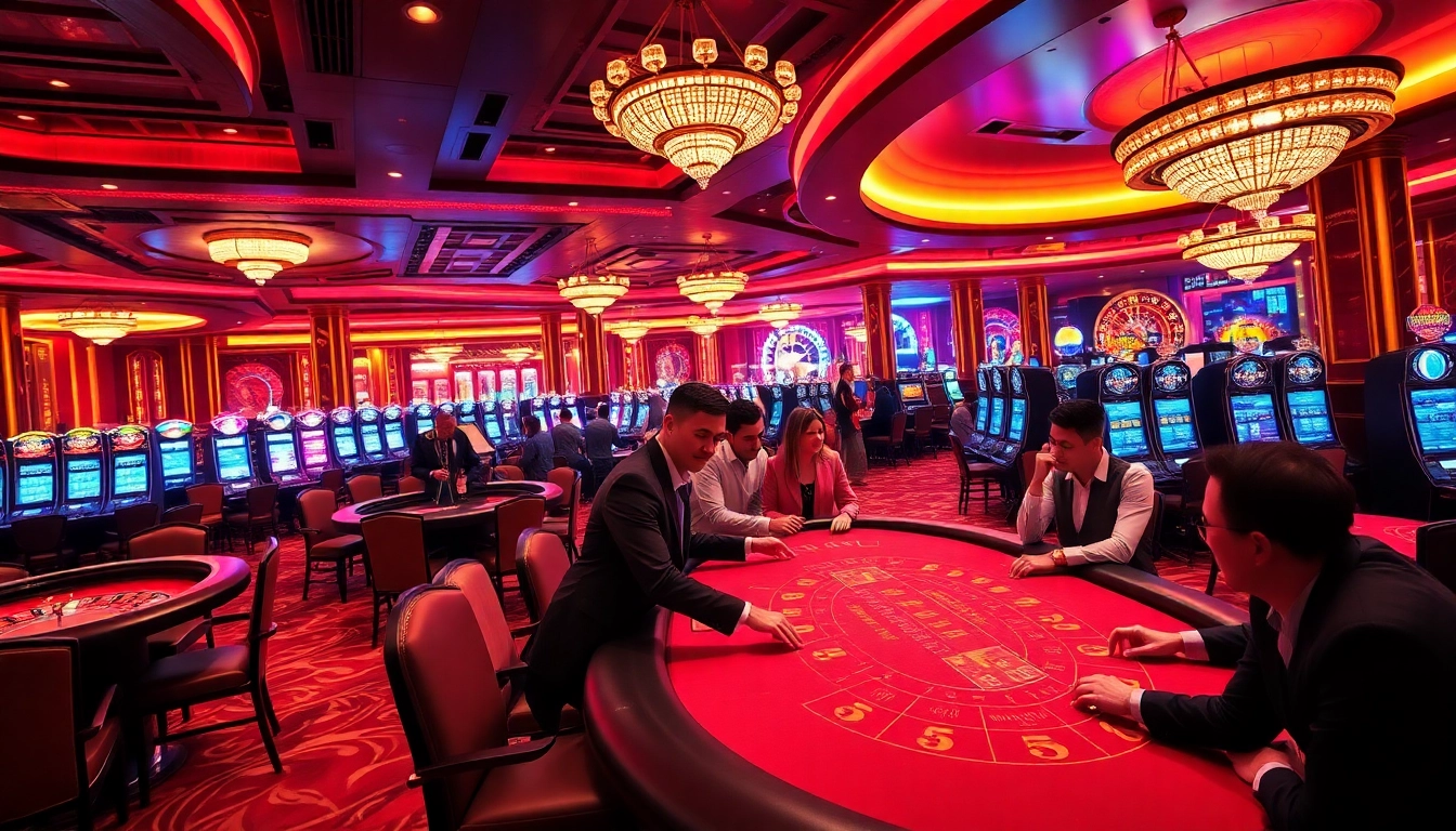 Experience the thrill of winning at https://nhatvip.meme/ with a vibrant casino atmosphere featuring gaming tables and players.