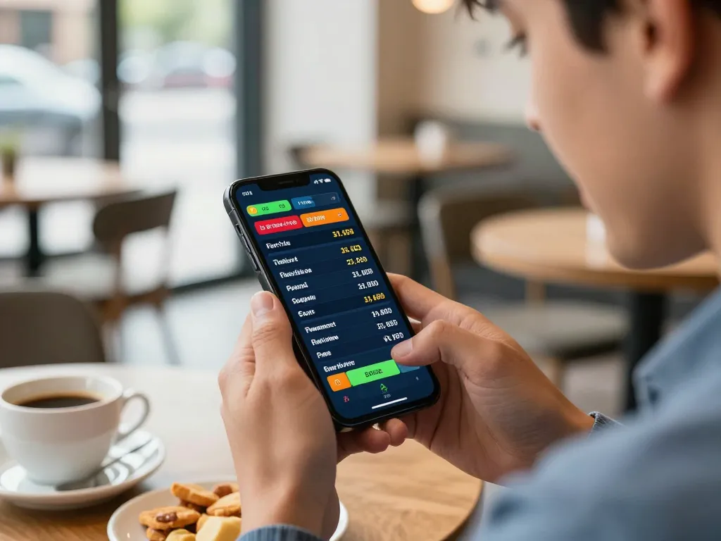 Engaged bettor using MM88 link on smartphone to check live odds at a café