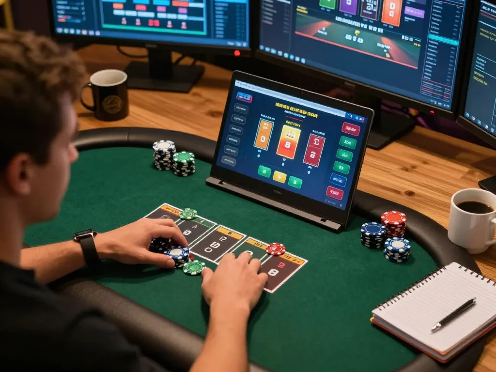 Duitgini player immersed in online poker, showcasing vibrant gaming action and strategic focus.