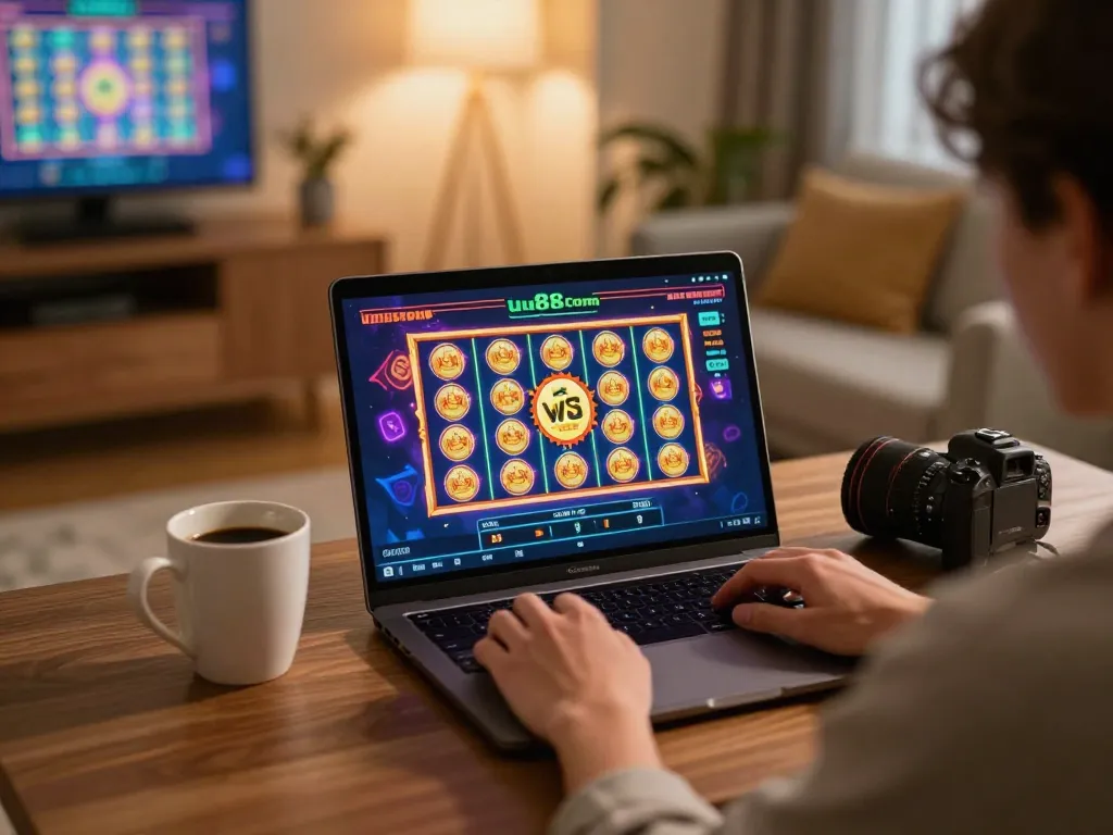 Engaging online gambling session at uu88com with vibrant game graphics on the laptop screen