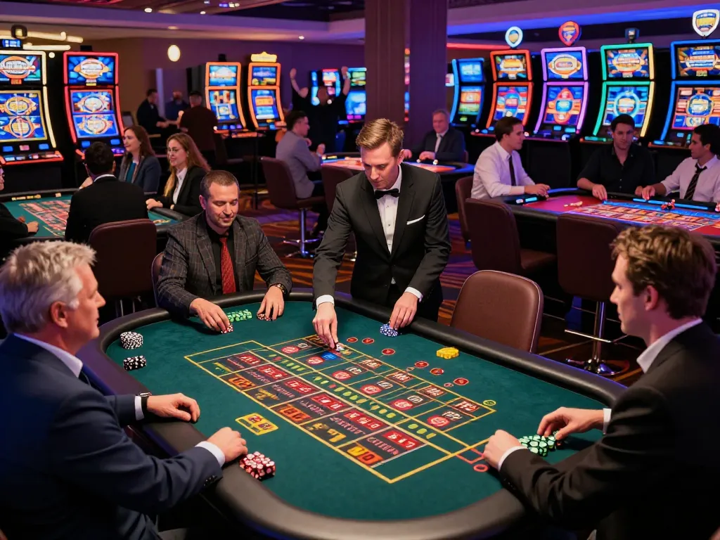 22luck8 players engaging in dynamic roulette gameplay amidst vibrant casino ambiance.