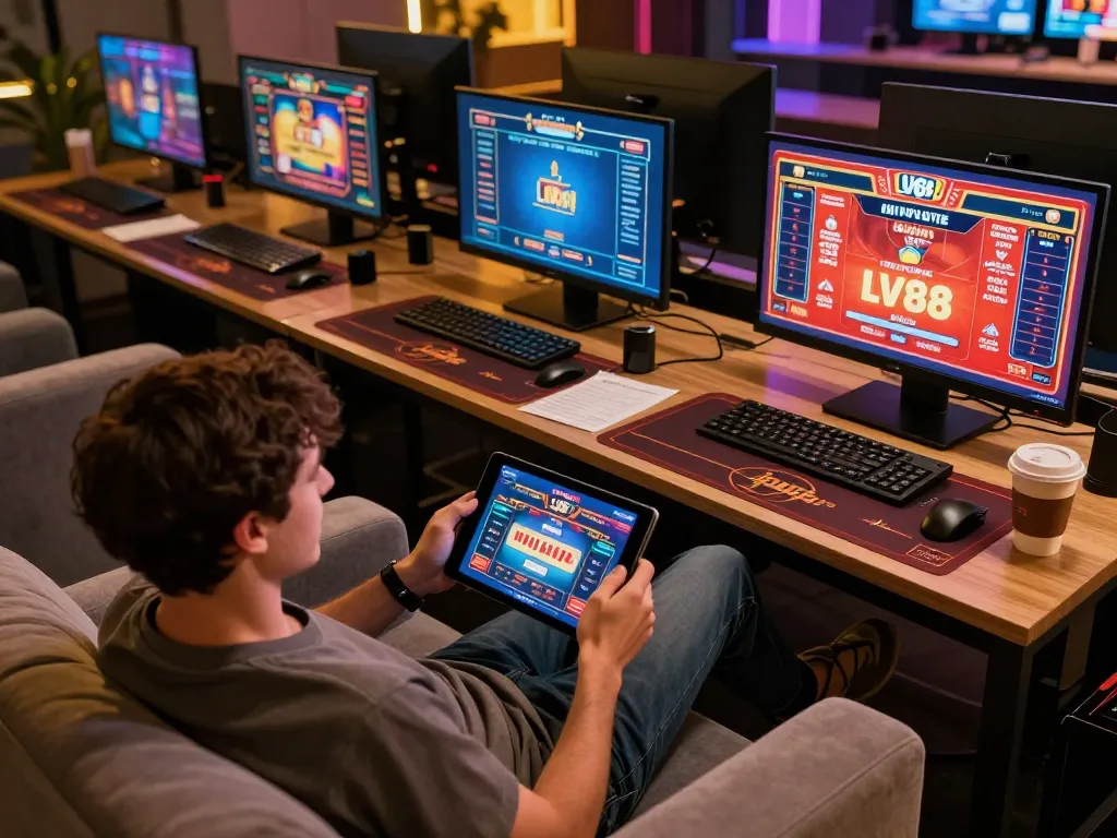 Player engaged in LV88 online casino gaming at home, showcasing tablets and notes.