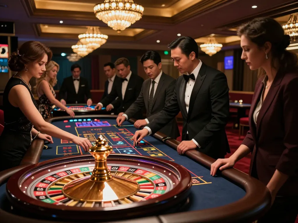 Watch players strategize and place bets at the roulette table in good88's luxurious casino atmosphere.