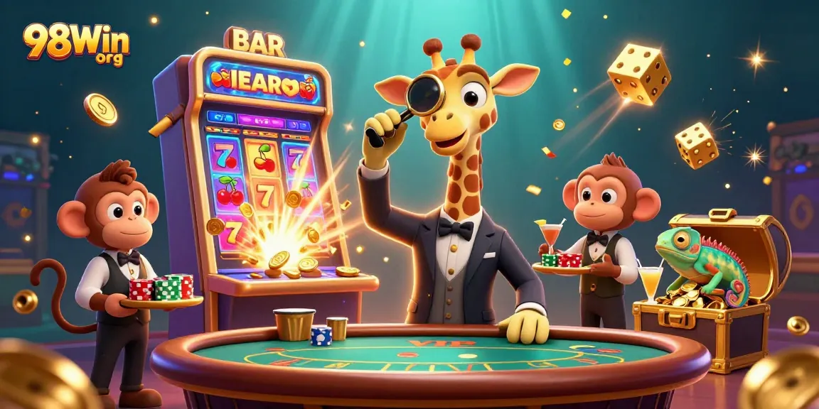 Experience excitement with 98Win org at a vibrant casino scene featuring slot machines and high-roller characters.