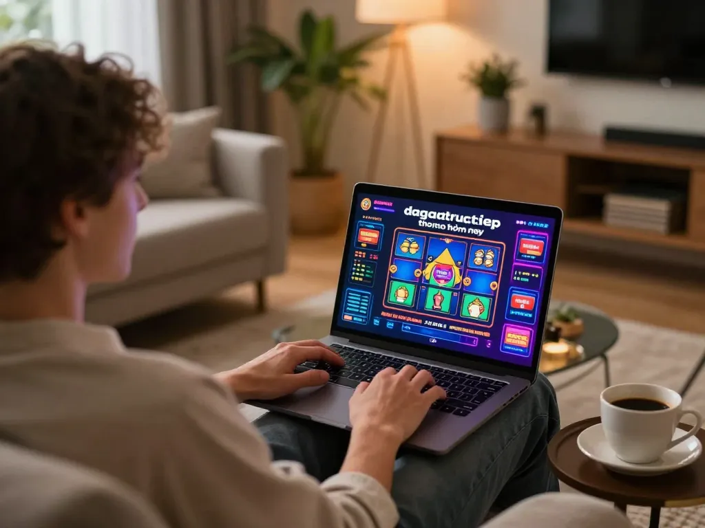 Engaging in dagatructiep thomo hôm nay on an online casino interface within a cozy home setting