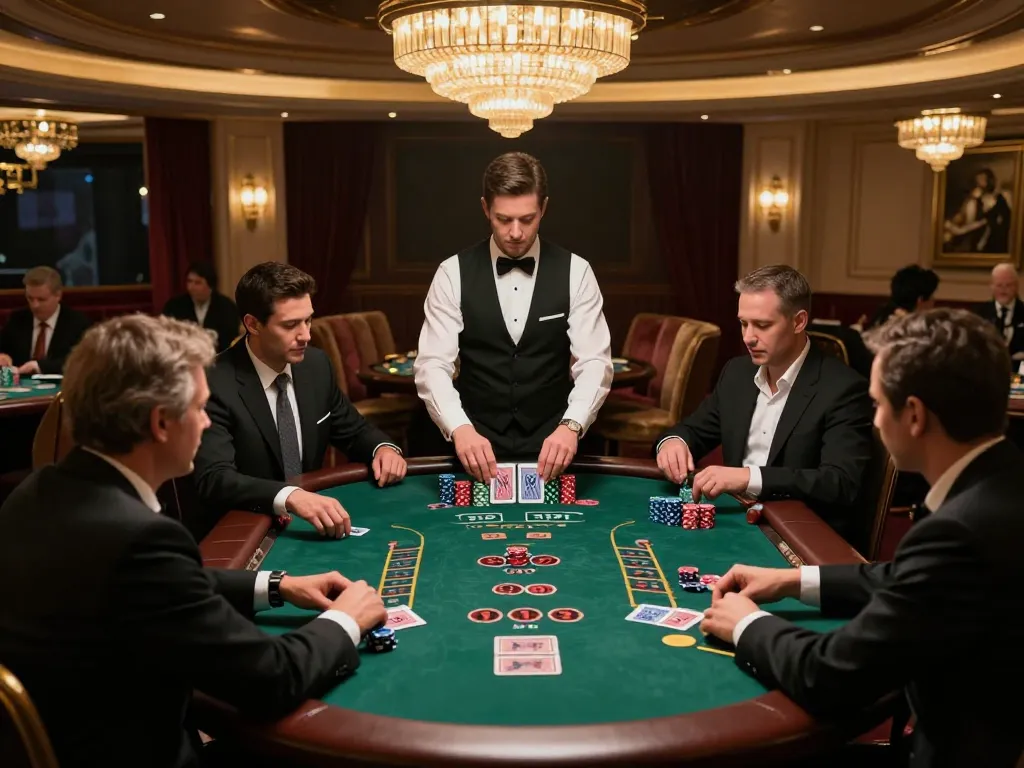Players enjoying a high-stakes blackjack game at fly88 casino, revealing intense strategy and excitement.
