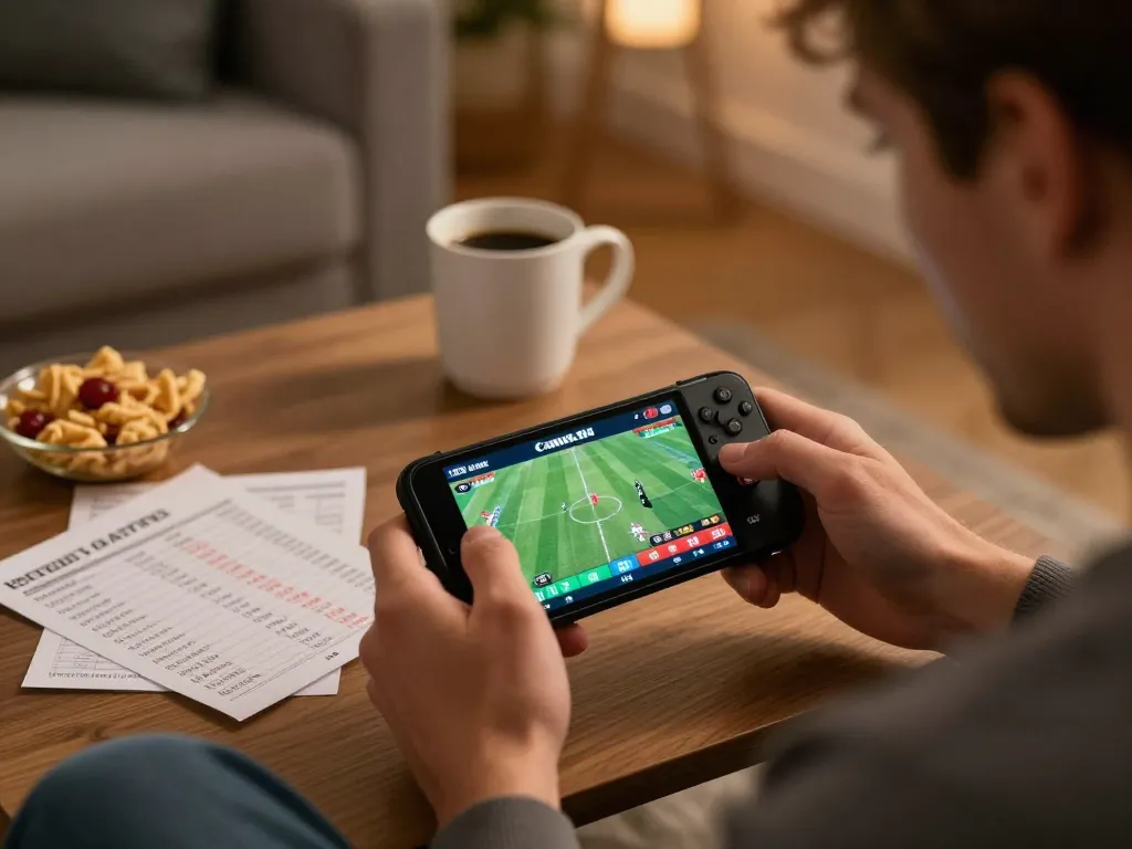 Player engaging in sports betting on BK33 smartphone with snacks and notes nearby
