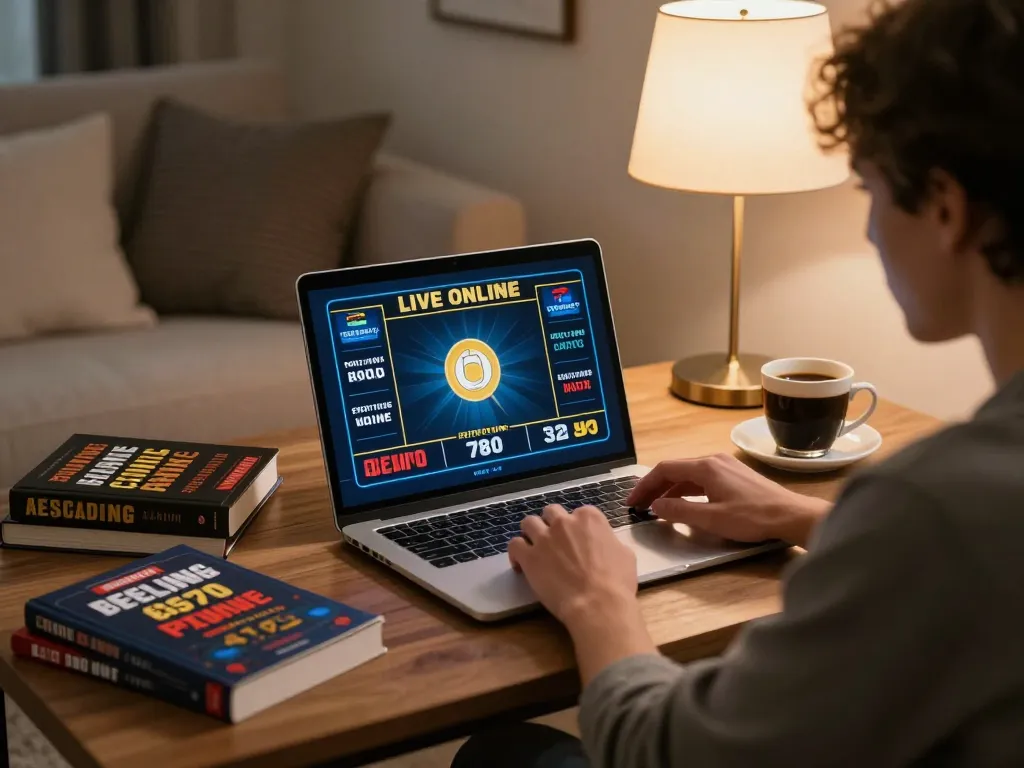 78win player engaging in strategic live betting from home with laptop and notes.
