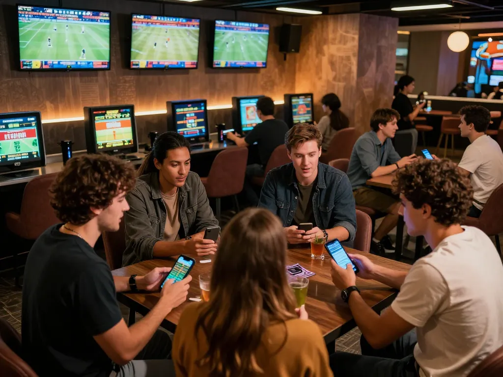 Watch players engage with 9Bet sports betting app in a lively lounge filled with excitement