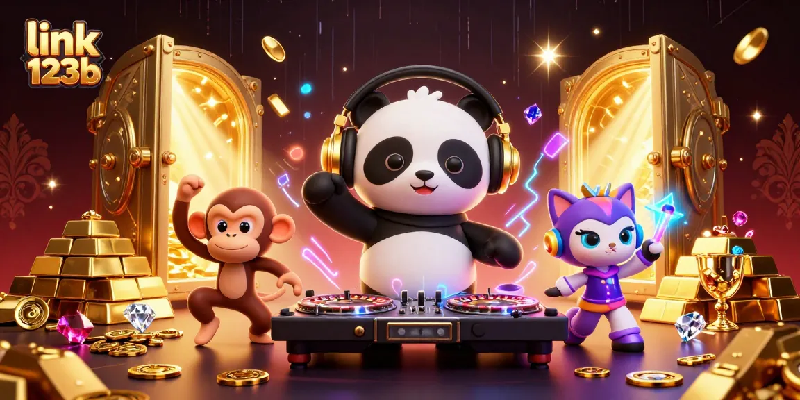 Experience the excitement of link 123b in a vibrant 3D casino illustration filled with gold and gems.